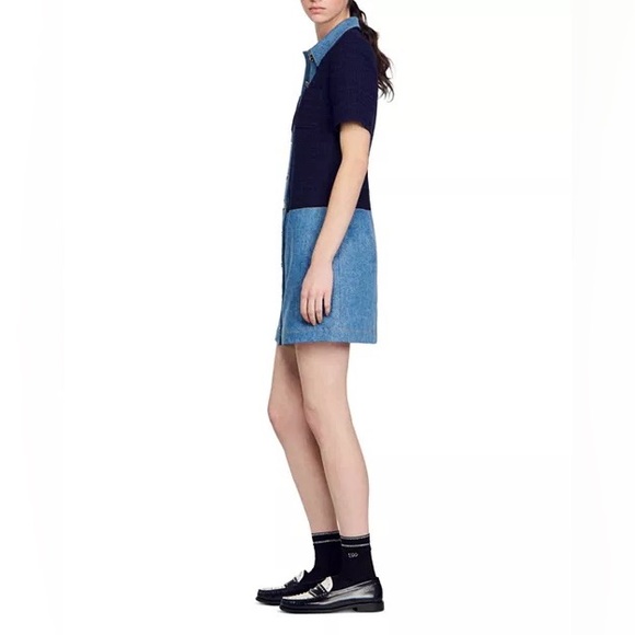 NWT Sandro Brooke Mixed Media Shirt Dress Size US 2 / FR 34 Blue Tweed and Denim - Picture 16 of 16